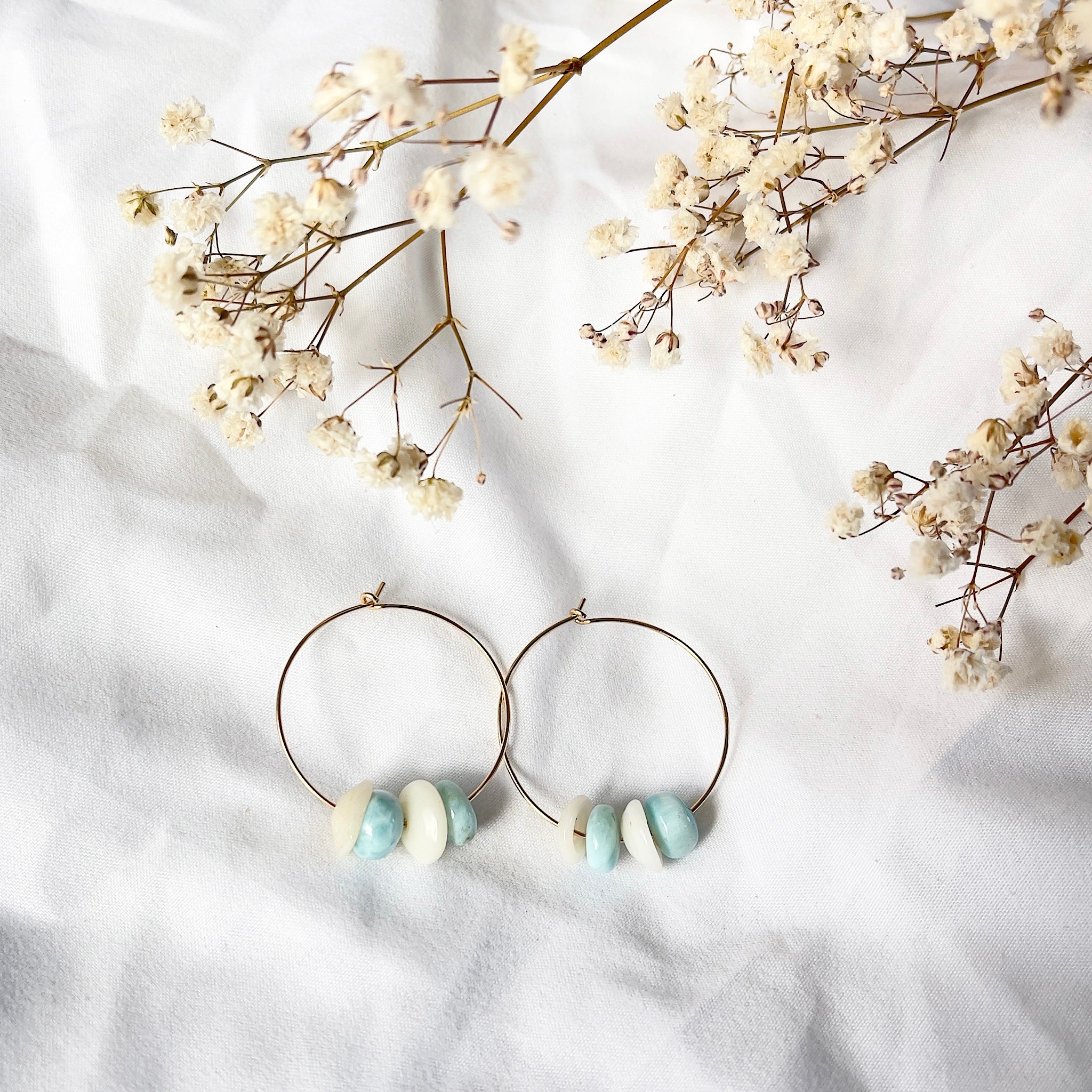 Puka Shell & Larimar Hoops
