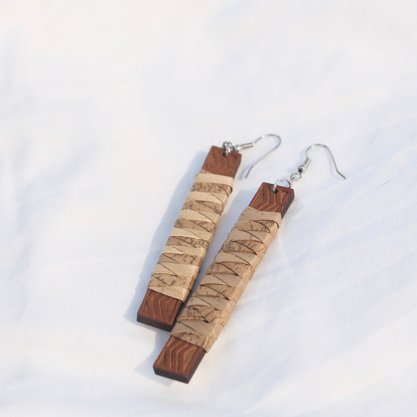 Lauhala Wrapped Wood Bar Earrings