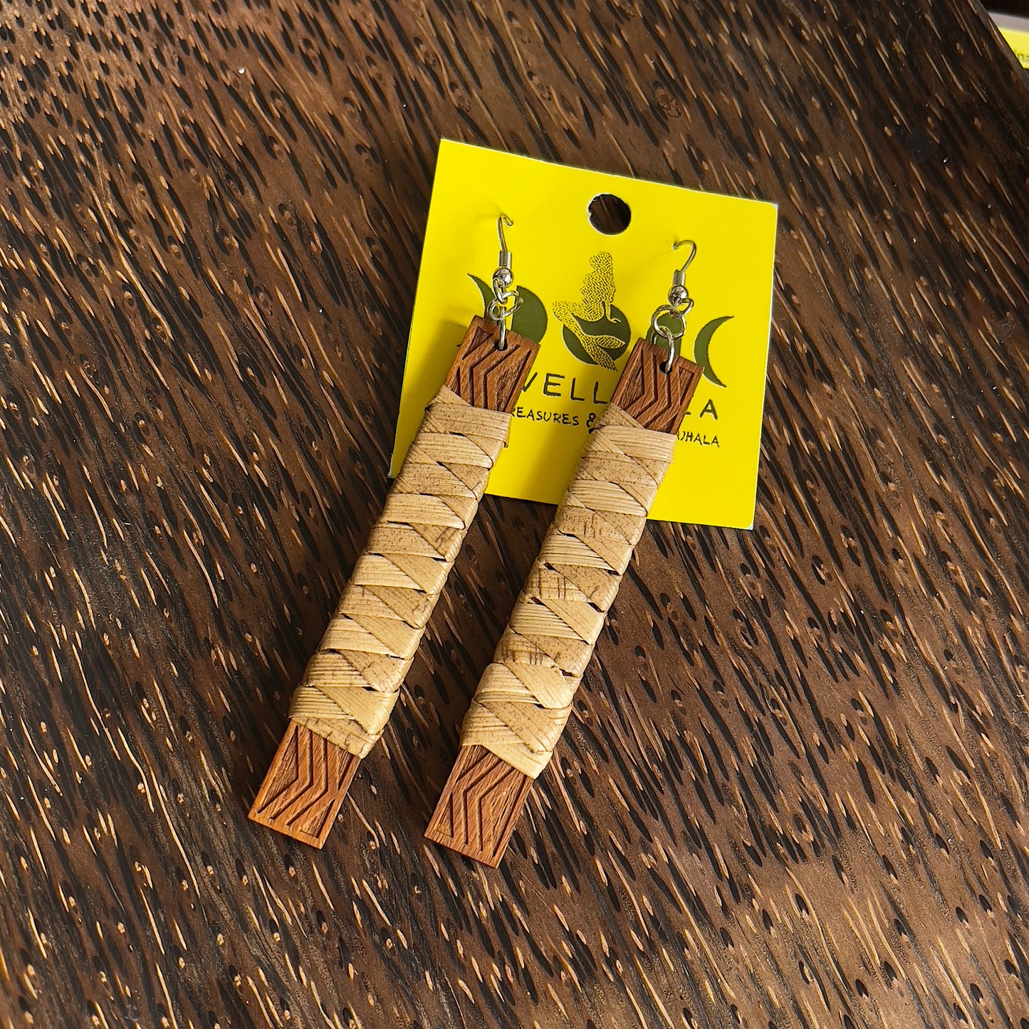 Lauhala Wrapped Wood Bar Earrings