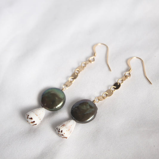 Cone Shell Pearl Disc Earrings